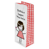 Birthday Stick Figuur Girl met rode wijn Wijn Cadeautas (Voorkant Gekanteld)
