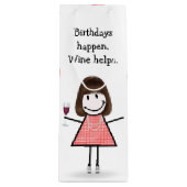 Birthday Stick Figuur Girl met rode wijn Wijn Cadeautas (Voorkant)