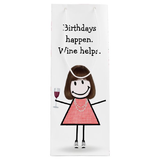 Birthday Stick Figuur Girl met rode wijn Wijn Cadeautas (Voorkant)