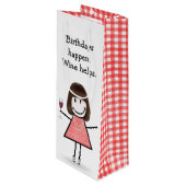 Birthday Stick Figuur Girl met rode wijn Wijn Cadeautas (Voorkant Gekanteld)