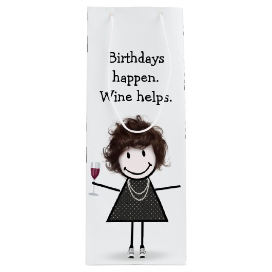 Birthday Stick Figuur Girl met rode wijn Wijn Cadeautas (Voorkant)