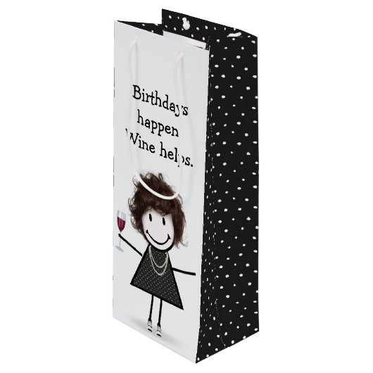 Birthday Stick Figuur Girl met rode wijn Wijn Cadeautas (Voorkant Gekanteld)