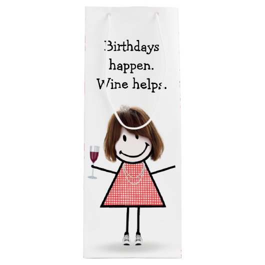 Birthday Stick Figuur Girl met rode wijn Wijn Cadeautas (Voorkant)