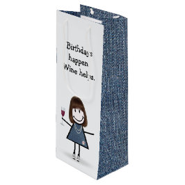 Birthday Stick Figuur Girl met wijn Cadeautas