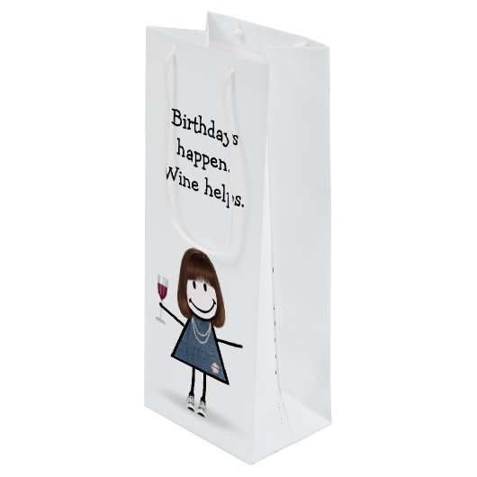 Birthday Stick Figuur Girl met wijn Wijn Cadeautas (Voorkant Gekanteld)