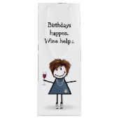 Birthday Stick Figuur Girl met wijnglas Wijn Cadeautas (Voorkant)