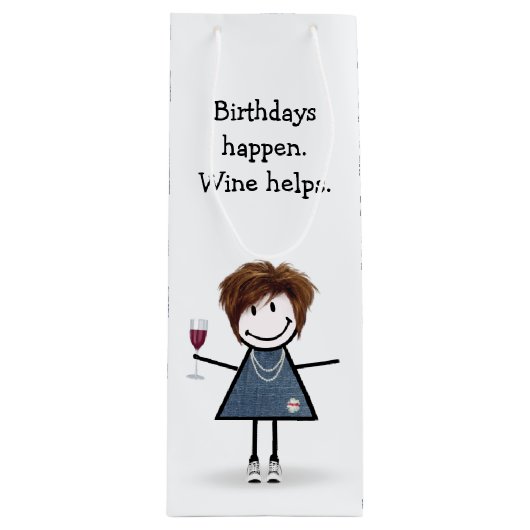 Birthday Stick Figuur Girl met wijnglas Wijn Cadeautas (Voorkant)