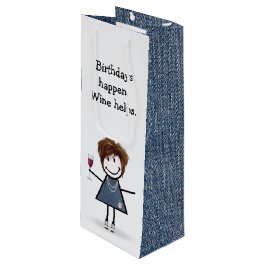 Birthday Stick Figuur Girl met wijnglas Wijn Cadeautas
