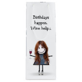 Birthday Stick Figuur Girl met wijnglas Wijn Cadeautas (Voorkant)