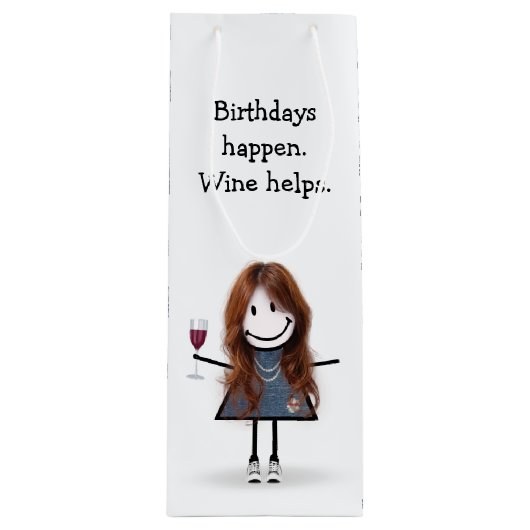 Birthday Stick Figuur Girl met wijnglas Wijn Cadeautas (Voorkant)
