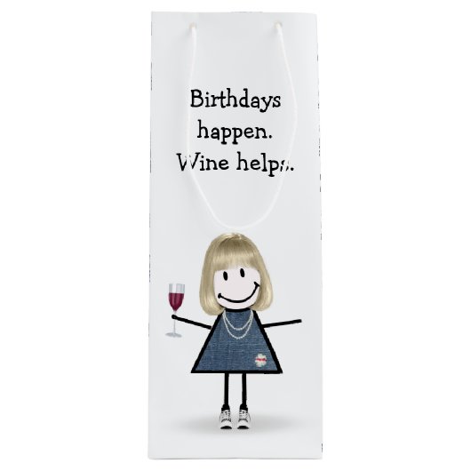 Birthday Stick Figuur Girl met wijnglas Wijn Cadeautas (Voorkant)