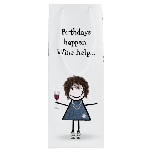 Birthday Stick Figuur Girl met wijnglas Wijn Cadeautas (Voorkant)