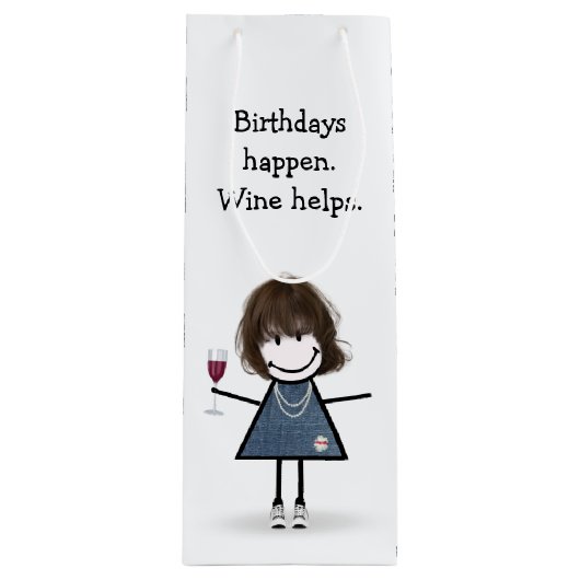 Birthday Stick Figuur Girl met wijnglas Wijn Cadeautas (Voorkant)