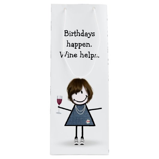 Birthday Stick Figuur Girl met wijnglas Wijn Cadeautas (Voorkant)