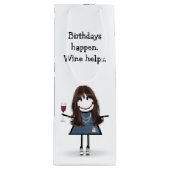 Birthday Stick Figuur Girl met wijnglas Wijn Cadeautas (Voorkant)