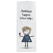 Birthday Stick Figuur Girl met wijnglas Wijn Cadeautas (Voorkant)