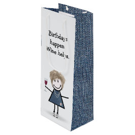 Birthday Stick Figuur Girl met wijnglas Wijn Cadeautas