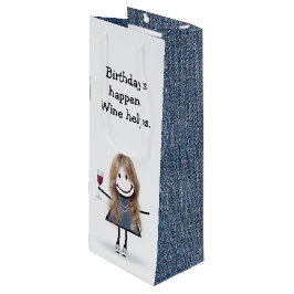 Birthday Stick Figuur Girl met wijnglas Wijn Cadeautas