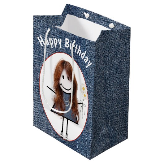 Birthday Stick Figuur Girl op Denim Medium Cadeauzakje (Voorkant Gekanteld)