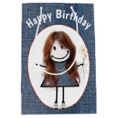 Birthday Stick Figuur Girl op Denim Medium Cadeauzakje (Voorkant)