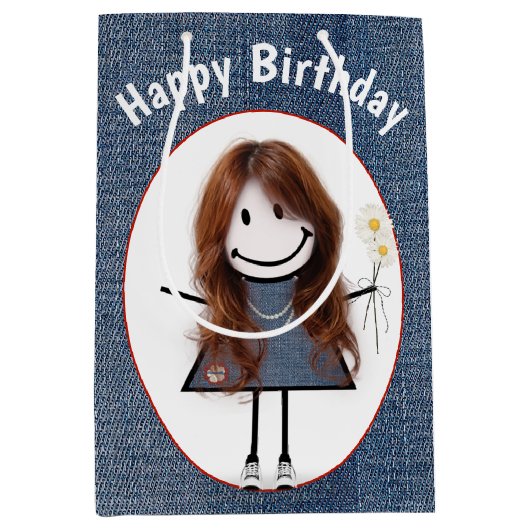 Birthday Stick Figuur Girl op Denim Medium Cadeauzakje (Voorkant)