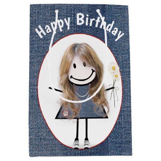 Birthday Stick Figuur Girl op Denim Medium Cadeauzakje (Voorkant)