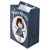 Birthday Stick Figuur Girl op Denim Medium Cadeauzakje (Voorkant Gekanteld)