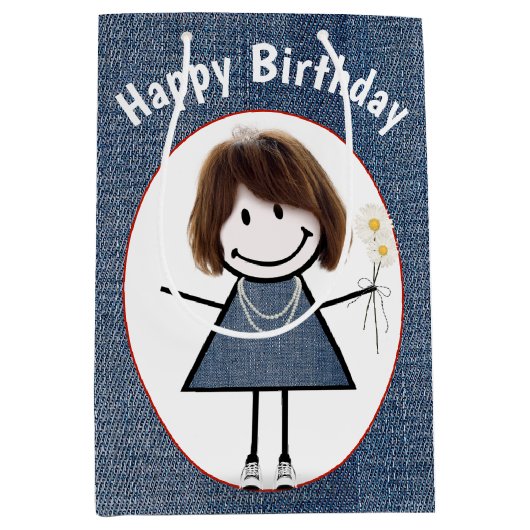 Birthday Stick Figuur Girl op Denim Medium Cadeauzakje (Voorkant)