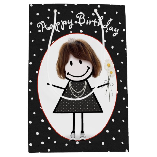 Birthday Stick Figuur Girl op poka Dots Medium Cadeauzakje (Voorkant)