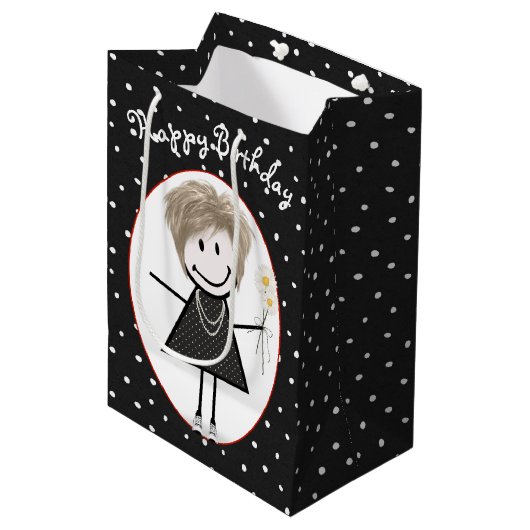 Birthday Stick Figuur Girl op poka Dots Medium Cadeauzakje (Voorkant Gekanteld)