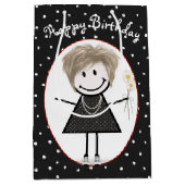 Birthday Stick Figuur Girl op poka Dots Medium Cadeauzakje (Voorkant)