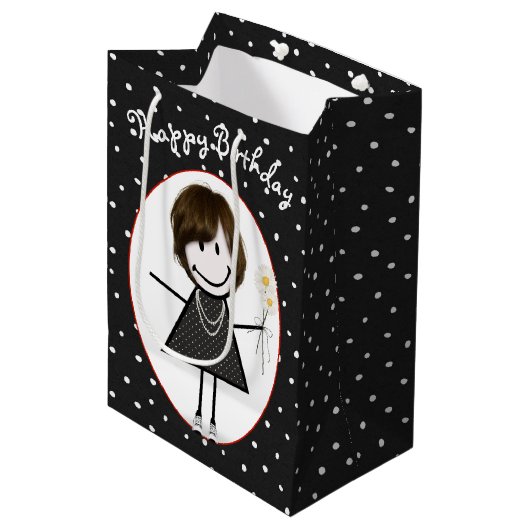 Birthday Stick Figuur Girl op poka Dots Medium Cadeauzakje (Voorkant Gekanteld)