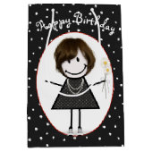 Birthday Stick Figuur Girl op poka Dots Medium Cadeauzakje (Voorkant)