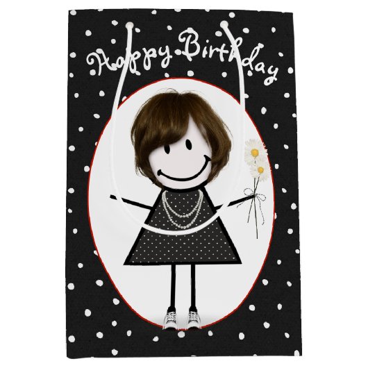 Birthday Stick Figuur Girl op poka Dots Medium Cadeauzakje (Voorkant)