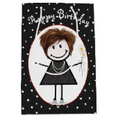 Birthday Stick Figuur Girl op poka Dots Medium Cadeauzakje (Voorkant)
