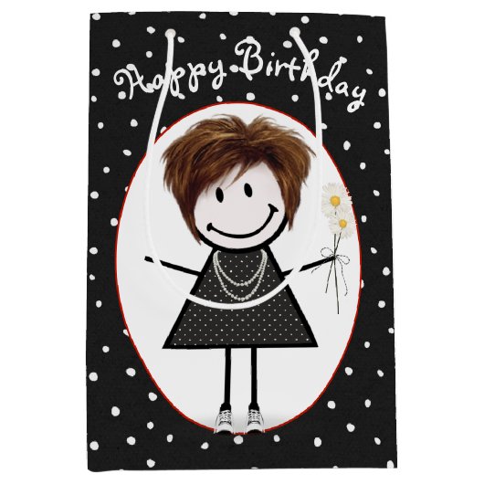 Birthday Stick Figuur Girl op poka Dots Medium Cadeauzakje (Voorkant)