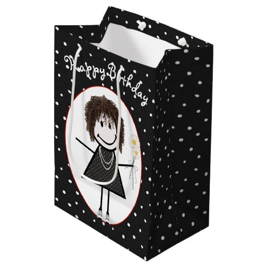 Birthday Stick Figuur Girl op poka Dots Medium Cadeauzakje (Voorkant Gekanteld)