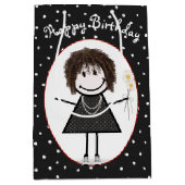 Birthday Stick Figuur Girl op poka Dots Medium Cadeauzakje (Voorkant)