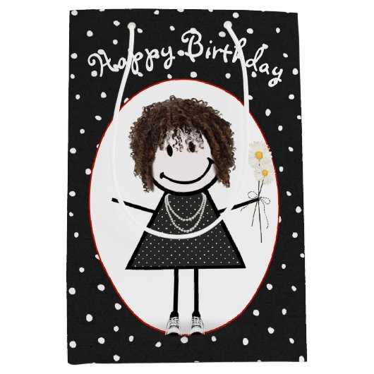 Birthday Stick Figuur Girl op poka Dots Medium Cadeauzakje (Voorkant)