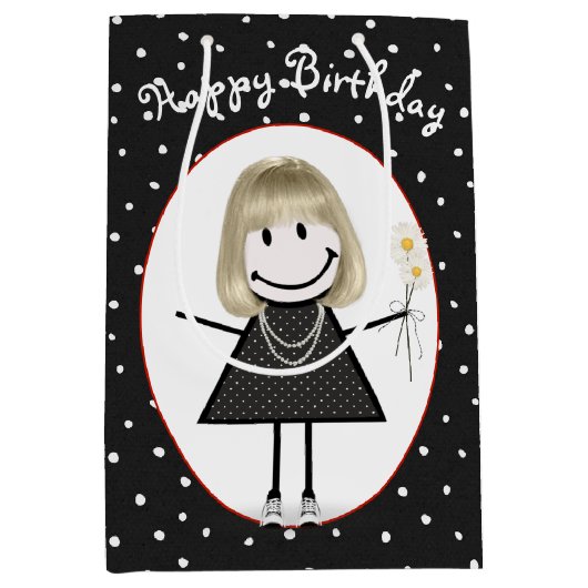 Birthday Stick Figuur Girl op poka Dots Medium Cadeauzakje (Voorkant)