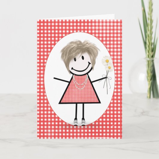 Birthday Stick Figuur Girl op Red Gingham Kaart (Voorkant)