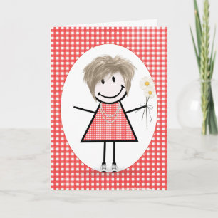 Birthday Stick Figuur Girl op Red Gingham Kaart