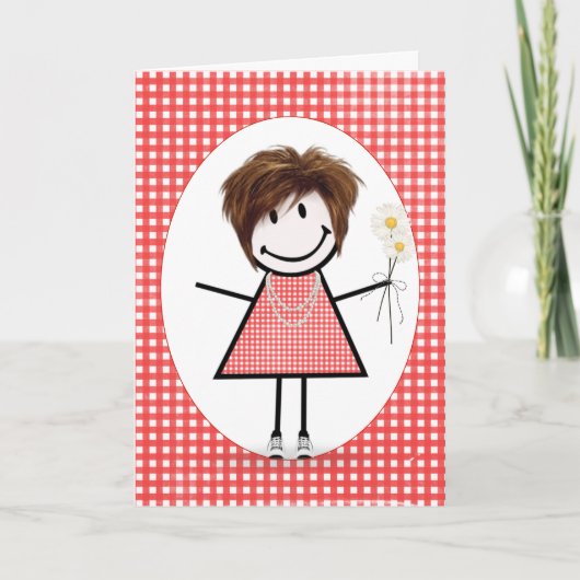 Birthday Stick Figuur Girl op Red Gingham Kaart (Voorkant)
