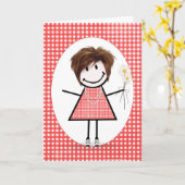 Birthday Stick Figuur Girl op Red Gingham Kaart (Gele Bloem)