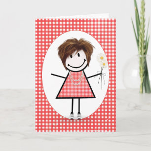 Birthday Stick Figuur Girl op Red Gingham Kaart