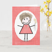 Birthday Stick Figuur Girl op Red Gingham Kaart (Gele Bloem)