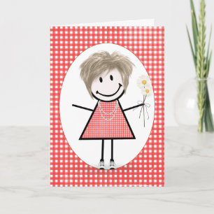 Birthday Stick Figuur Girl op Red Gingham Kaart