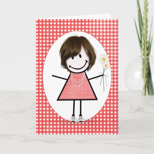 Birthday Stick Figuur Girl op Red Gingham Kaart (Voorkant)