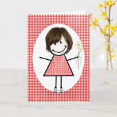 Birthday Stick Figuur Girl op Red Gingham Kaart (Gele Bloem)
