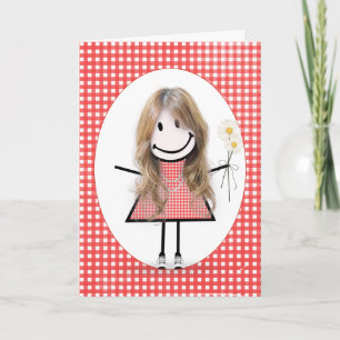 Birthday Stick Figuur Girl op Red Gingham Kaart